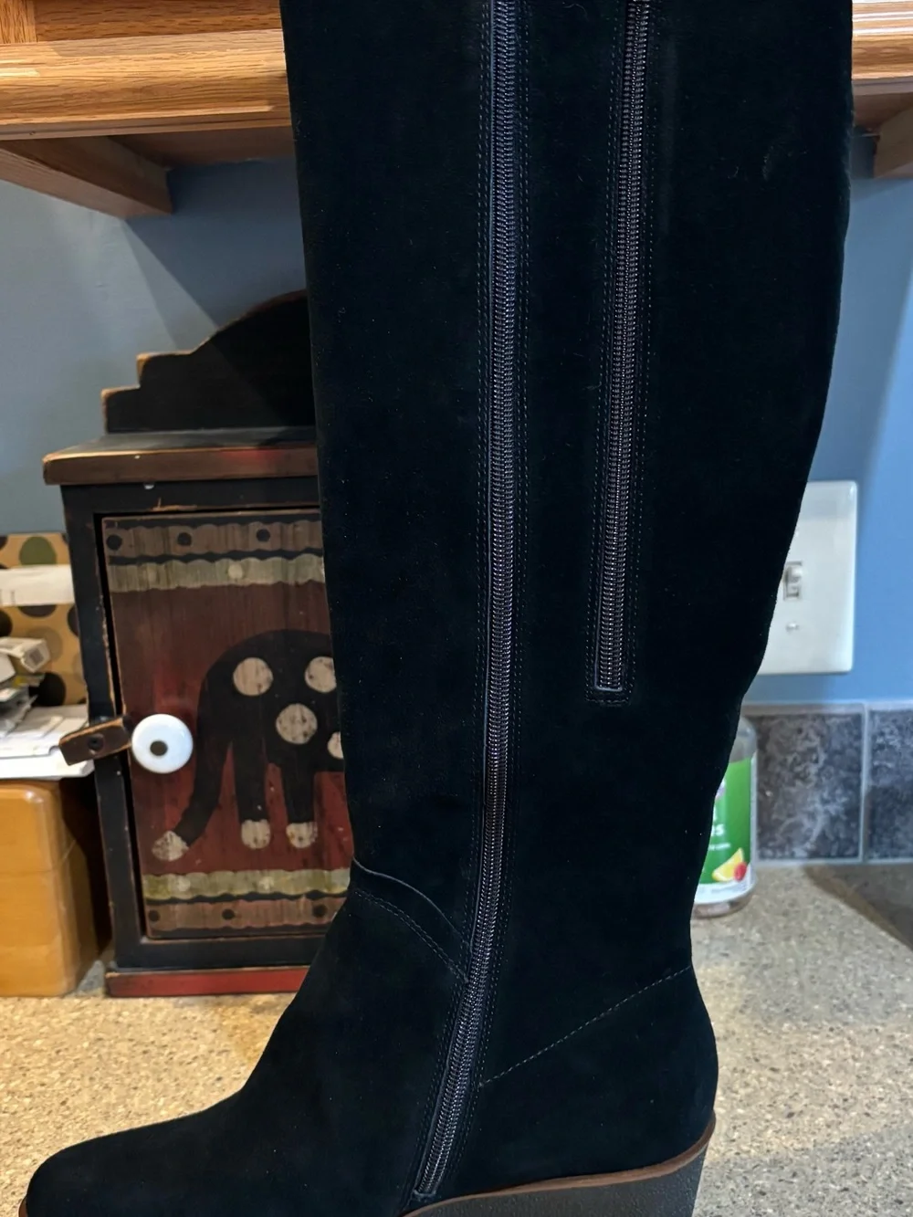 AEROSOLES Black Suede Knee Wedge Boots